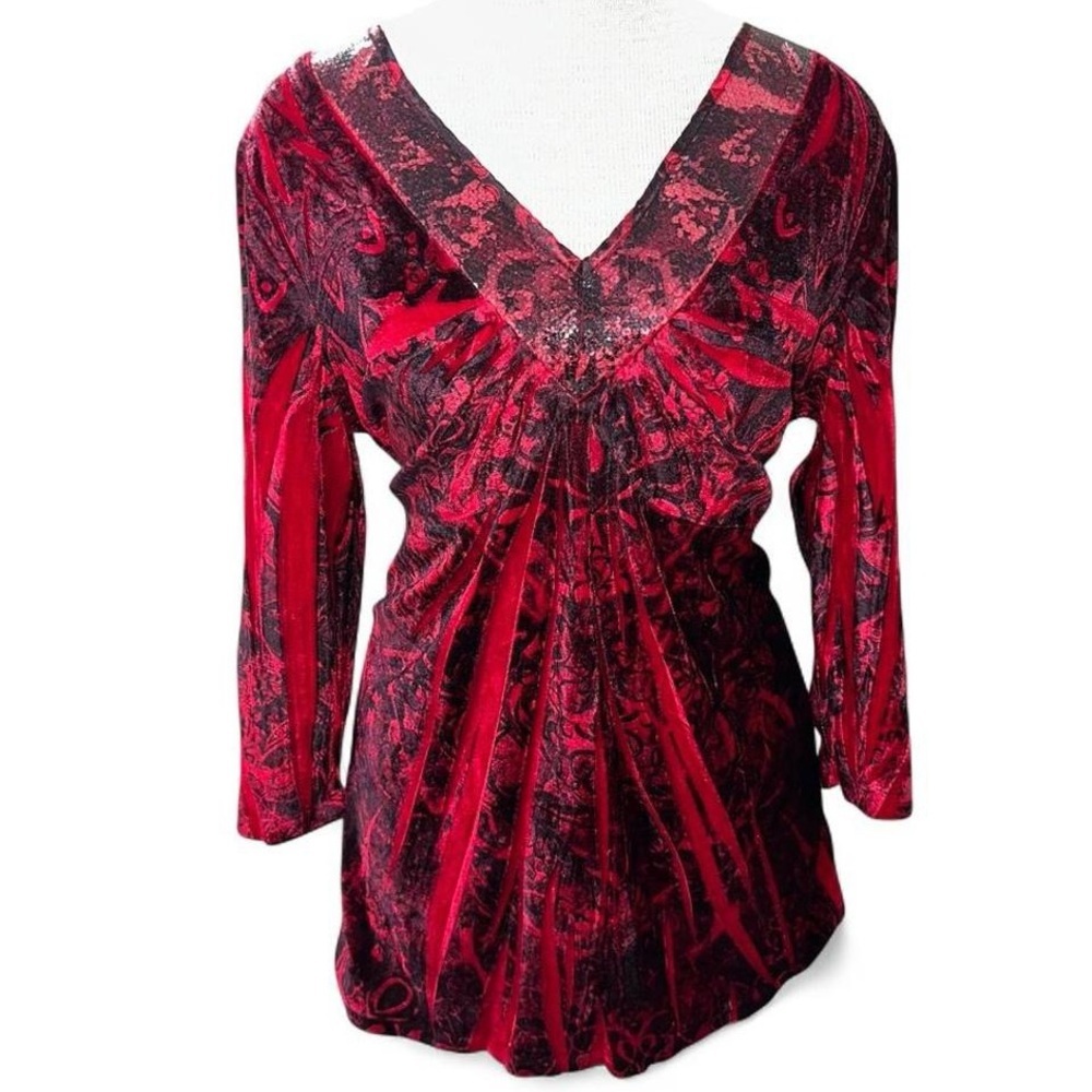 Y2K Style Red velvet V-neck blouse with 3/4 sleeves and sequin neckline